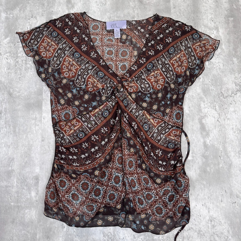 Nine & Co Blouse Womens 8 Brown Boho V-Neck Tie Back Floral Hippie Sheer Y2K